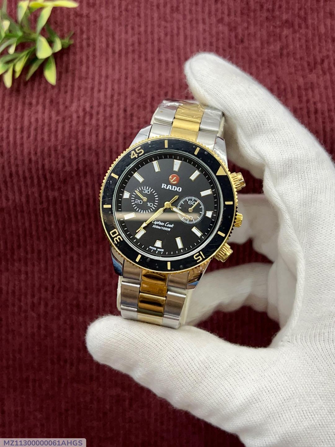 Stainless Steel Chronograph Watch Black Dial Gold Strap