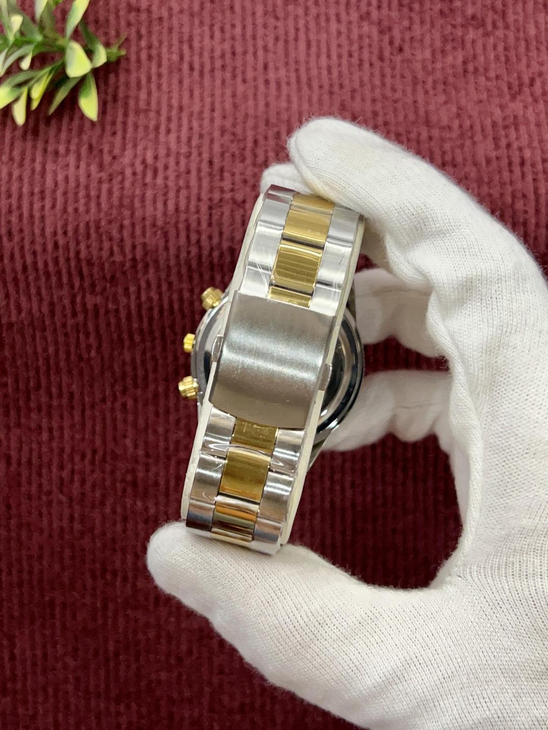 Stainless Steel Chronograph Watch Black Dial Gold Strap