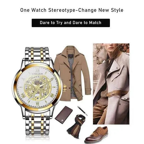 Men's Stainless Steel Two-Tone Watch with Gold Dial Unraion