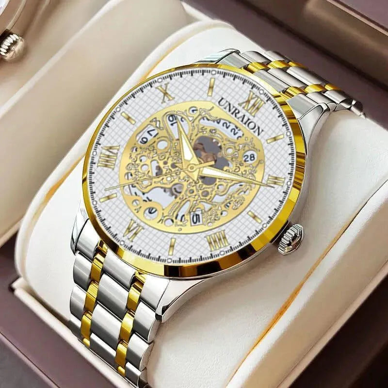 Men's Stainless Steel Two-Tone Watch with Gold Dial Unraion