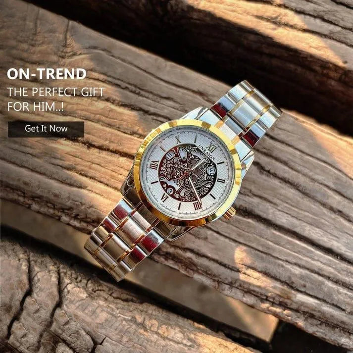 Men's Stainless Steel Two-Tone Watch with Gold Dial Unraion
