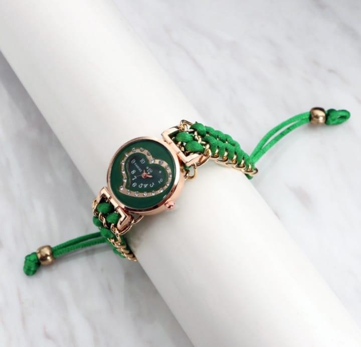 Green Braided Women's Watch with Rose Gold Heart Dial