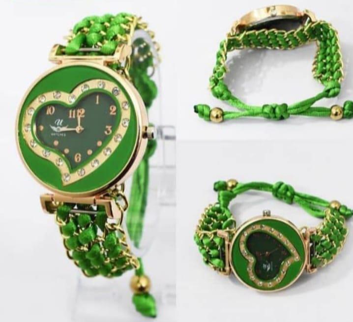Green Braided Women's Watch with Rose Gold Heart Dial