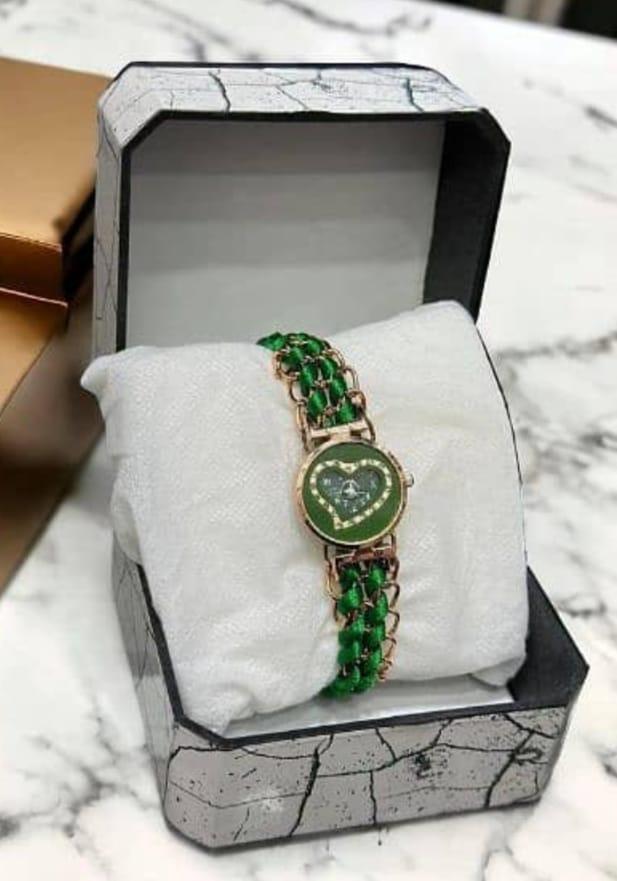 Green Braided Women's Watch with Rose Gold Heart Dial