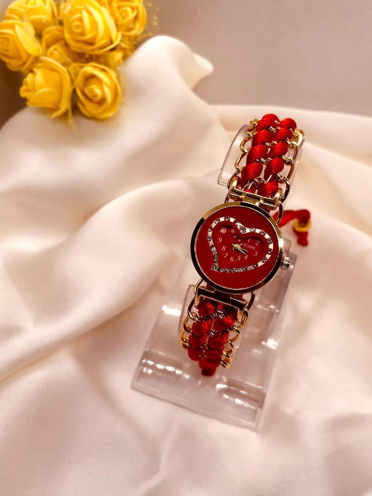 Heart Shaped Red Braided Bracelet Watch for Girls