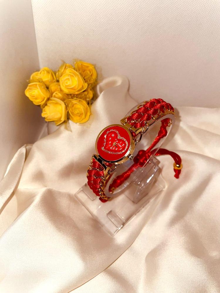 Heart Shaped Red Braided Bracelet Watch for Girls