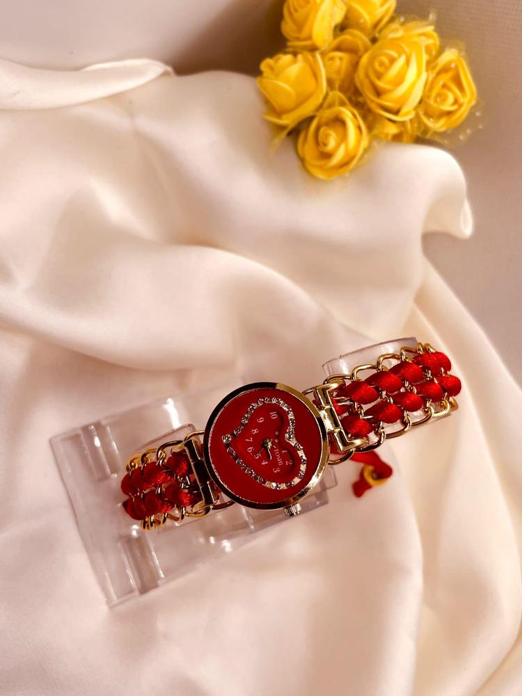 Heart Shaped Red Braided Bracelet Watch for Girls